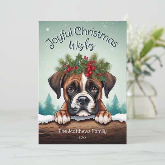 Rustieke Forest Pines Peeking Boxer Vrolijke Kerst Feestdagenkaart (Staand voorkant)