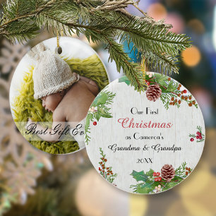 Rustieke foto 1e kerst Nieuwe grootouders Ornament