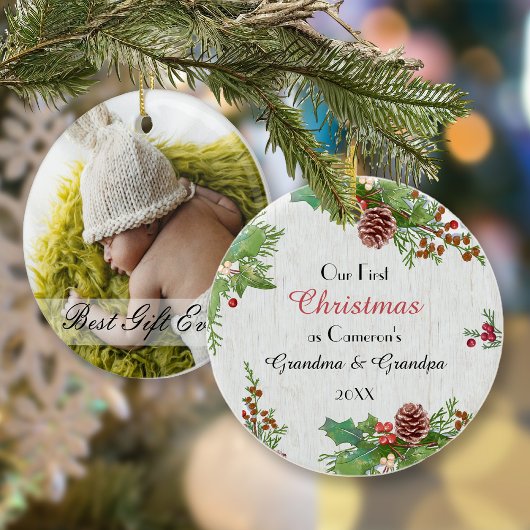 Rustieke foto 1e kerst Nieuwe grootouders Ornament