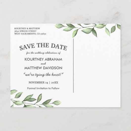 Rustieke foto Bewaar de datum | Groen Bruiloft Aankondigingskaart (Achterkant)