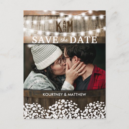 Rustieke foto Bewaar de datum | Gypsophila bruilof Aankondigingskaart (Voorkant)