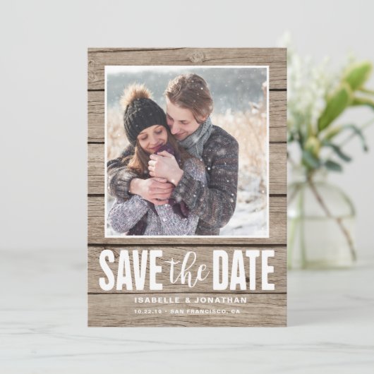 Rustieke foto Bewaar de datum licht hout Save The Date (Staand voorkant)