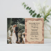 Rustieke foto bruiloft Dank u kaart Burlap Wood (Staand voorkant)