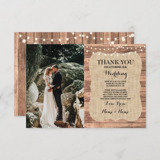Rustieke foto bruiloft Dank u kaart Burlap Wood (Voorkant / Achterkant)