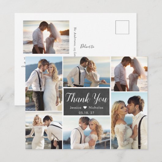 Rustieke foto collage krijtbord bruiloft dank u briefkaart (Voorkant / Achterkant)
