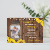 Rustieke foto dank je kaart trouw jar zonnebloemen (Staand voorkant)