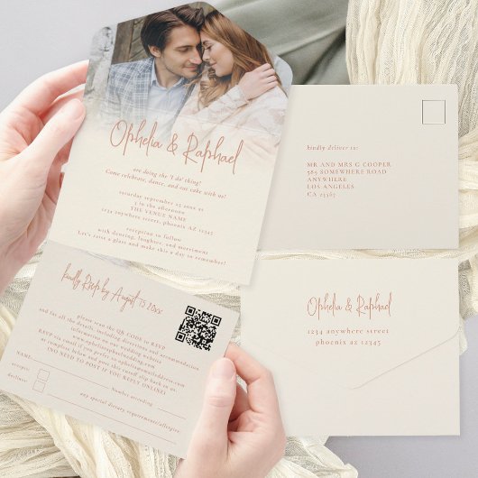 Rustieke foto overlay QR Code Cream bruiloft All In One Uitnodiging
