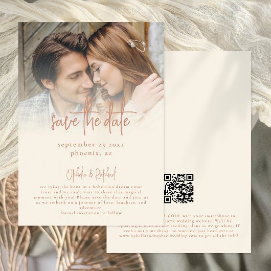 Rustieke foto overlay script QR Code Cream bruilof Save The Date
