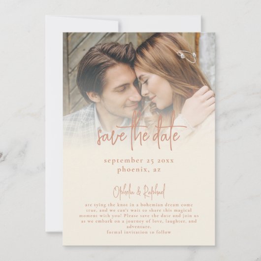 Rustieke foto overlay script QR Code Cream bruilof Save The Date (Voorkant)