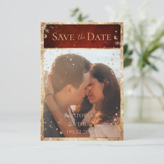 Rustieke foto rood goud plat bewaar de datum save the date (Staand voorkant)