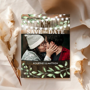 Rustieke foto save the date   groene bruiloft aankondigingskaart