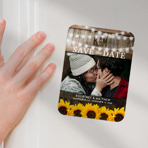 Rustieke foto save the date   Zonnebloem bruiloft Magneet