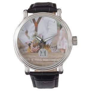 Rustieke Fotocollage Monogram NIEUWGETROUWDE HUWEL Horloge