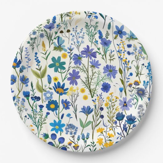 Rustieke Franse Blauwe Tuin Wildflowers Papieren Bordje (Voorkant)