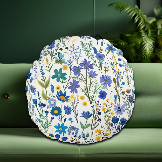 Rustieke Franse Blauwe Tuin Wildflowers Rond Kussen (Creator heeft geüpload)