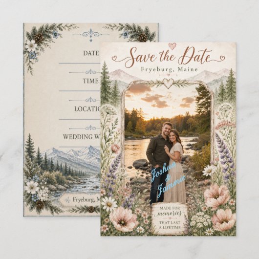 Rustieke Fryeburg Maine Bergfoto Save The Date (Voorkant / Achterkant)