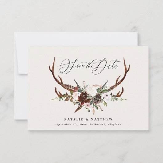Rustieke gebladerte bloem- en hertengewei script c save the date (Voorkant)