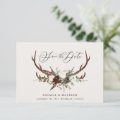 Rustieke gebladerte bloem- en hertengewei script c save the date (Staand voorkant)