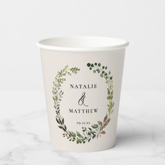 rustieke gebladerte krans boerderij bruiloft papieren bekers (Achterkant)