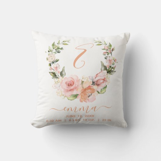 Rustieke Geboortestatistieken Perzikkoraal Roos Bl Kussen (Voorkant)