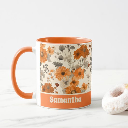 rustieke gebrande Oranje Herfst bloemenpatroon Mok (Met donut)