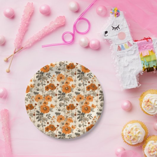  rustieke gebrande Oranje Herfst bloemenpatroon Papieren Bordje (Feest)