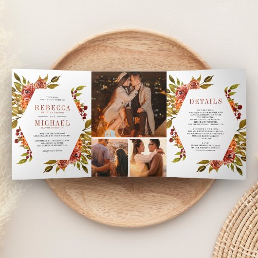 Rustieke gebrande Sinaasappel Bloemen Foto Collage Drieluik Uitnodiging