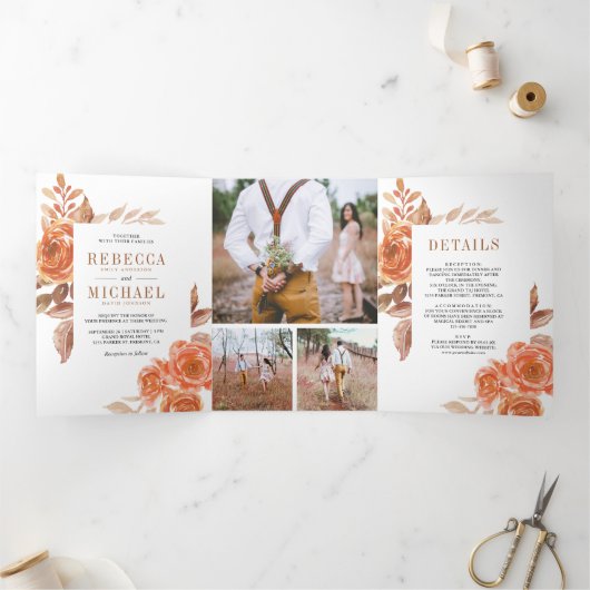 Rustieke gebrande Sinaasappel Bloemen Foto Collage Drieluik Uitnodiging (Binnen)