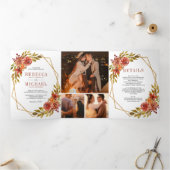 Rustieke gebrande Sinaasappel bloemen geometrisch  Drieluik Uitnodiging (Binnen)