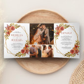 Rustieke gebrande Sinaasappel bloemen geometrisch  Drieluik Uitnodiging