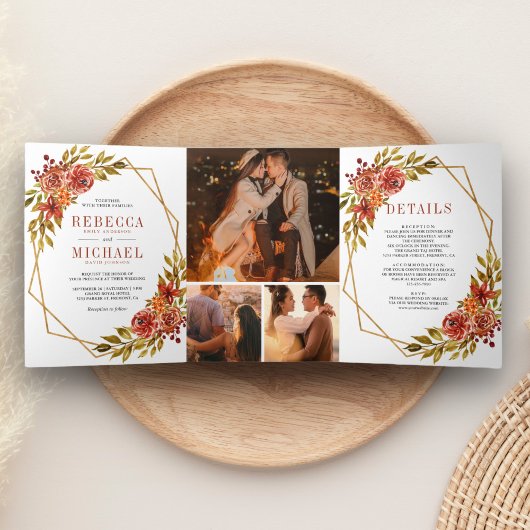 Rustieke gebrande Sinaasappel bloemen geometrisch  Drieluik Uitnodiging