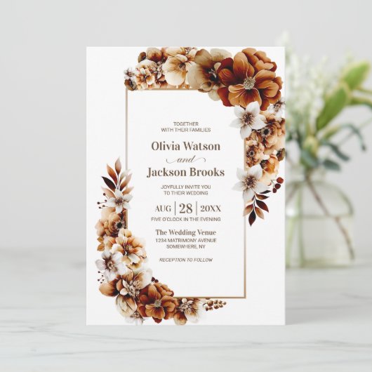 Rustieke gebrande Sinaasappel bloemenbruiloft Kaart (Staand voorkant)