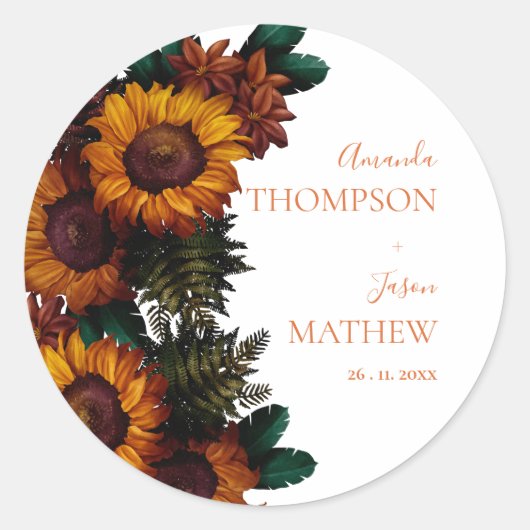 Rustieke gebrande Sinaasappel  bloemenbruiloft Ronde Sticker (Voorkant)