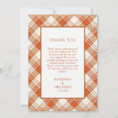 Rustieke gedempte oranje geruite gingham bedankkaa aankondiging (Voorkant)