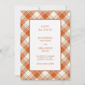 Rustieke gedempte oranje ruit gingang bruiloft save the date (Voorkant)