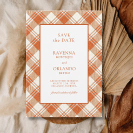 Rustieke gedempte oranje ruit gingang bruiloft save the date
