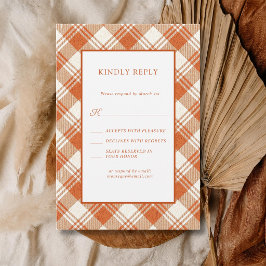 Rustieke gedempte oranje ruit gingham bruiloft RSVP kaartje