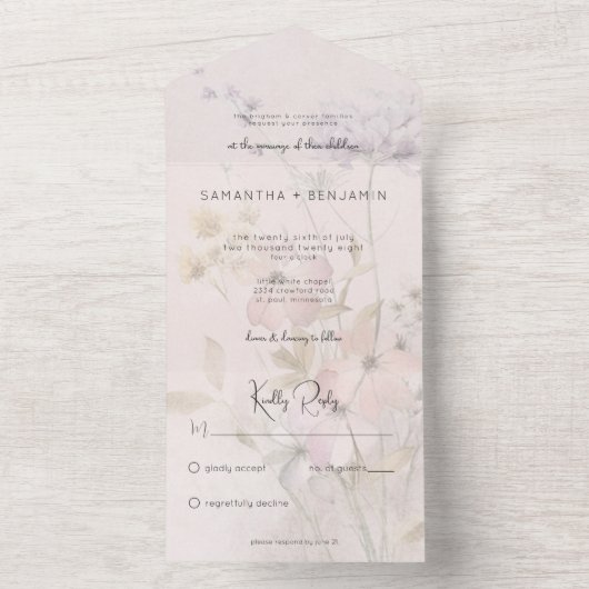 Rustieke gedempte wilde bloemen op Blush Pink Geen All In One Uitnodiging (Binnen)