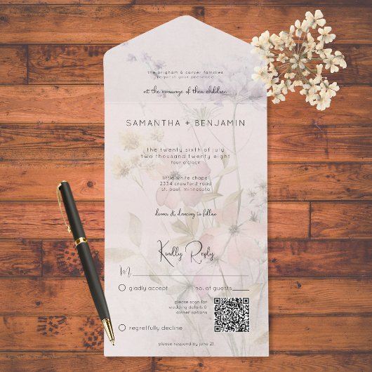 Rustieke gedempte wilde bloemen op Blush Pink QR-c All In One Uitnodiging