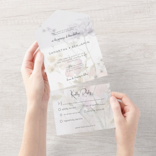 Rustieke gedempte wilde bloemen op wit diner all in one uitnodiging (Afscheurbaar)