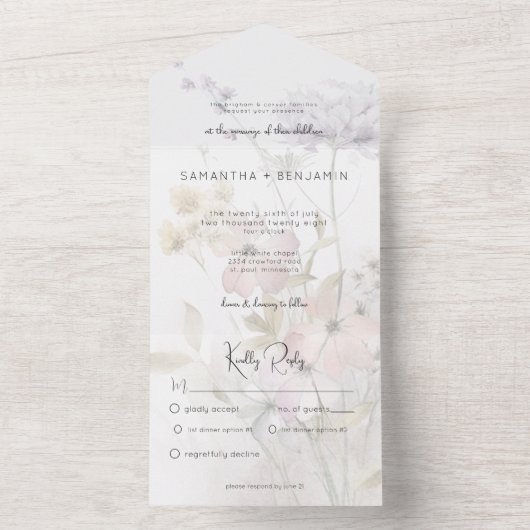 Rustieke gedempte wilde bloemen op wit diner all in one uitnodiging (Binnen)