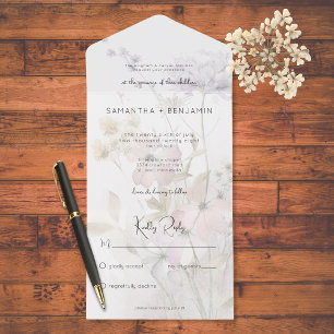 Rustieke gedempte wilde bloemen op wit geen diner all in one uitnodiging