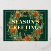 Rustieke Gedroogde Sinaasappel Pijnboom Seizoensgr Folie Feestdagenkaart (Voorkant)