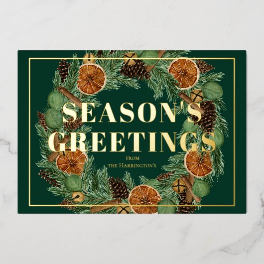 Rustieke Gedroogde Sinaasappel Pijnboom Seizoensgr Folie Feestdagenkaart (Voorkant)