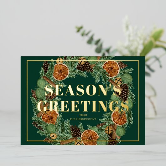 Rustieke Gedroogde Sinaasappel Pijnboom Seizoensgr Folie Feestdagenkaart (Staand Voorkant)
