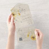 Rustieke Geel & Bruin Zomer Zonnebloem QR Code All In One Uitnodiging (Afscheurbaar)