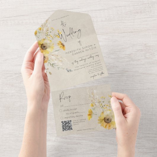 Rustieke Geel & Bruin Zomer Zonnebloem QR Code All In One Uitnodiging (Afscheurbaar)