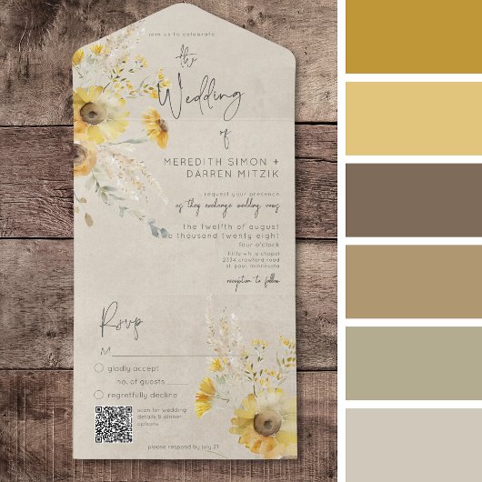 Rustieke Geel & Bruin Zomer Zonnebloem QR Code All In One Uitnodiging