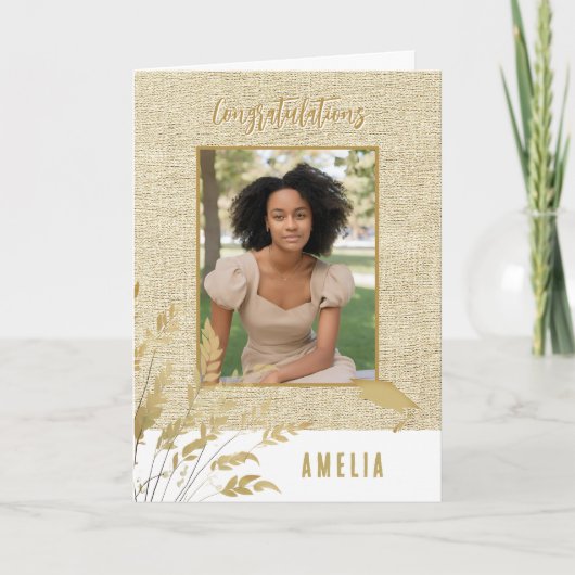 Rustieke Gefeliciteerd Gold Foliage Afstuderen Fot Kaart (Voorkant)