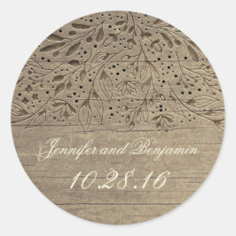 Rustieke gegraveerde bloemen hout bruiloft ronde sticker